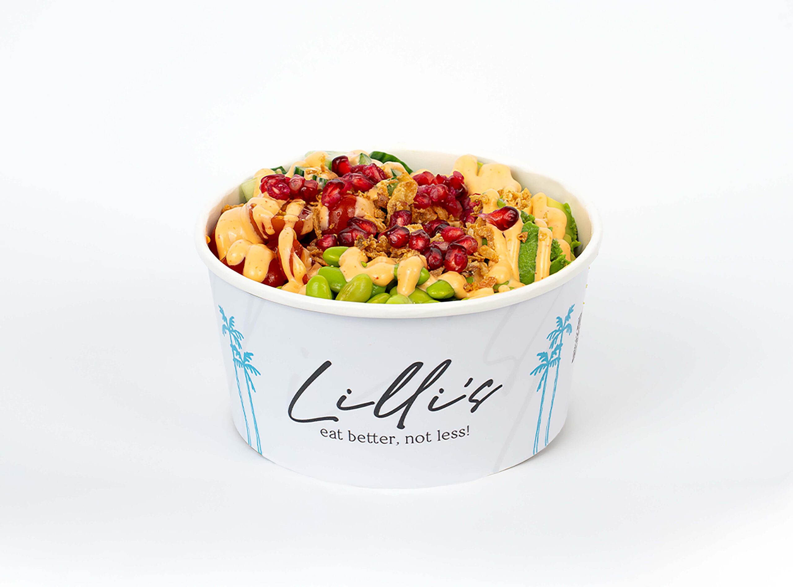 Lilli's Bowl (Vegan) mit Reis Natur, Dressing, Tofu, Tomaten, Gurken, Avocado, Edamame, Soße, Röstzwiebeln, Granatapfel